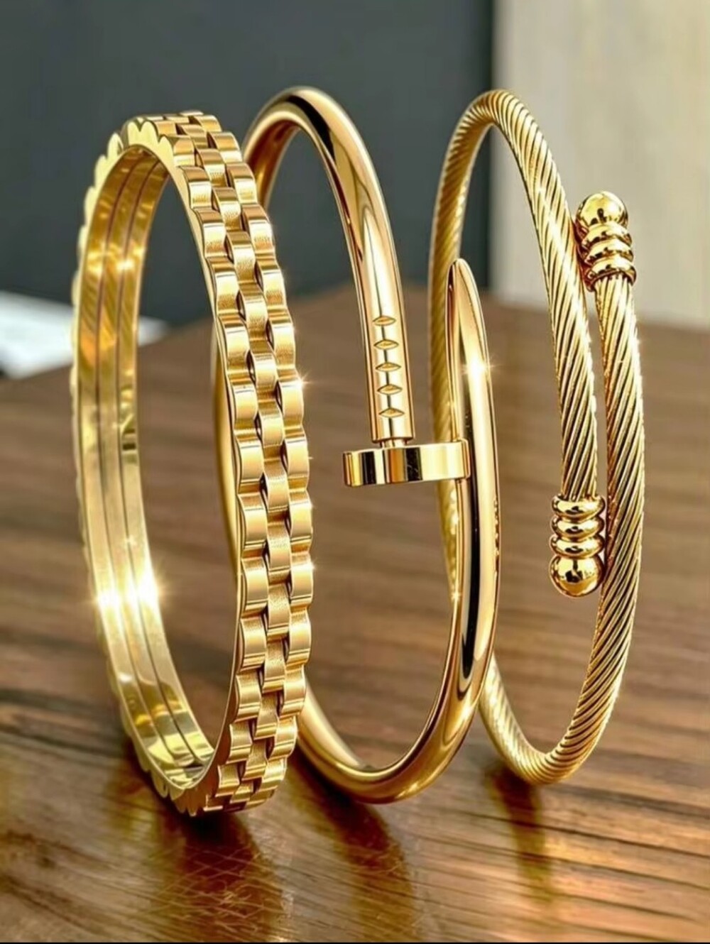 18K Yellow Gold Plated Bracelet Set 3-Piece Polished & Textured Styles